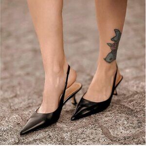 FSJ Black Kitten Heel Slingback Sandal Pointy Toe Sexy Pumps Comfortable Shoes